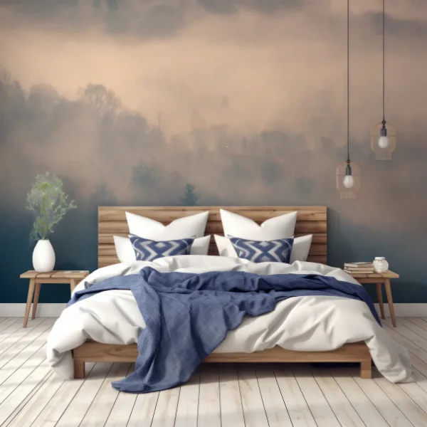 Blue Misty Forest Scandinavian bedroom Wallpaper