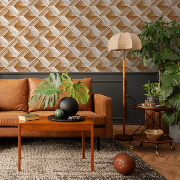 Geometric 3D Wallpaper with custom sofa