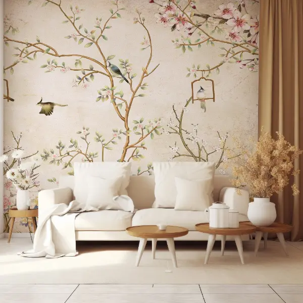 Gold & Pink Chinoiserie Branches & Birds Wallpaper