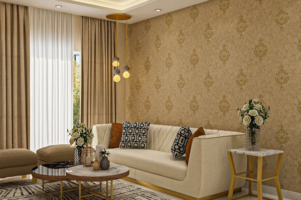 Beige And Gold Damask Living Room Wallpaper Design